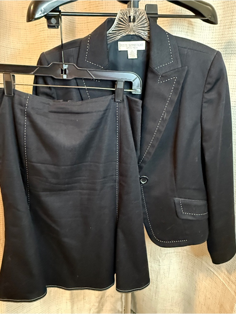 Petite Sophisticate Black Tailored Women's Skirt Suit with Contrast Topstitch
